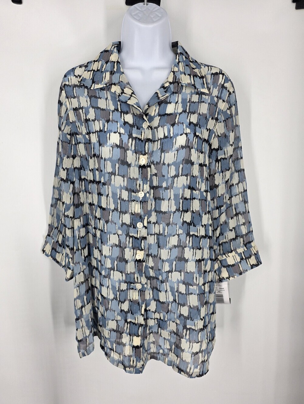 ALIA Blue Cream Abstract Block Print Blouse Size 8 Chiffon Metallic Stripe 3/4